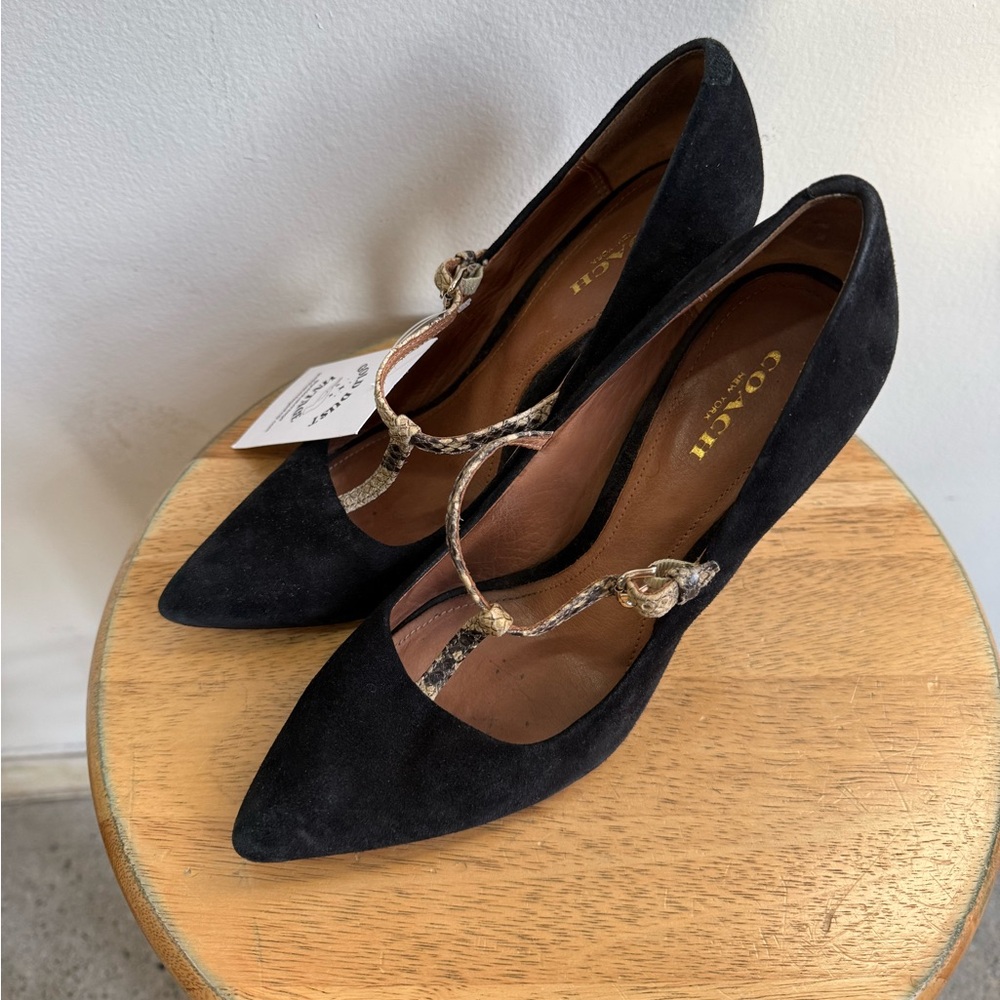 Coach Fulton Black Suede Snakeskin T-Strap Stiletto Pump Size 7.5